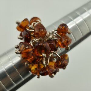 Baltic Amber Cluster Sterling Silver Ring Modernist Adjustable Vintage Polish